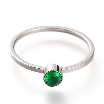 304 Stainless Steel Finger Rings, with Rhinestone, Flat Round, Stainless Steel Color, Emerald, US Size 7~7 3/4(17.3~17.9mm)