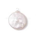 Natural Keshi Pearl Pendants, Flat Round Charms, with Brass Bails, White, Silver, 18.5x15.5x5mm, Hole: 1.6mm(PALLOY-JF04826)
