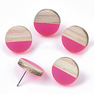 Transparent Resin & Wood Stud Earrings, with 304 Stainless Steel Pin, Flat Round, Deep Pink, 15mm, Pin: 0.7mm(EJEW-N017-003A-D05)