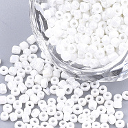 Opaque Glass Seed Beads, Rainbow Plated, Round, White, 4mm, Hole: 1.5mm, about 4500pcs/bag(SEED-S023-01A-01)