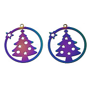 Christmas Ion Plating(IP) 201 Stainless Steel Filigree Pendants, Etched Metal Embellishments, Ring with Christmas Trees, Rainbow Color, 22x20x0.3mm, Hole: 1.2mm(STAS-S118-003)