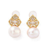 Flower Natural Pearl Stud Earrings for Women, Sterling Silver Ear Stud, Real 18K Gold Plated, 16x9mm(EJEW-E303-22G)