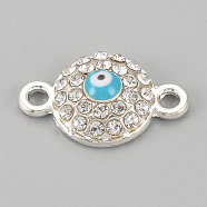 Alloy Rhinestone Links connectors, Cadmium Free & Lead Free, Flat Round with Evil Eye, Sky Blue, Silver Color Plated, 17x10.5x4mm, Hole: 1.5mm(X-ALRI-S170-25S)
