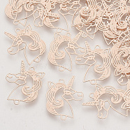 Brass Links connectors, Etched Metal Embellishments, Long-Lasting Plated, Unicorn, Rose Gold, 17.5x13.5x0.3mm, Hole: 1mm(KKC-R001-09RG)