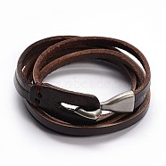 Cowhide Leather Wrap Bracelets, 3-Loop, with Alloy Clasps, Coconut Brown, Antique Silver, 23.6 inch(60cm), 8mm(X-BJEW-F173-05B)