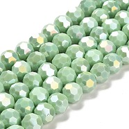 Opaque Glass Beads Stands, AB Color, Faceted(32 Facets), Round, Light Green, 10x8.5~9mm, Hole: 1.6mm, about 67pcs/strand, 23.62 inch(60cm)(EGLA-A035-P10mm-B20)