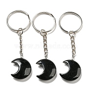 Reiki Natural Obsidian Moon Pendant Keychains, with Iron Keychain Rings, 7.8cm(KEYC-P015-01P-10)