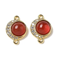 Brass Micro Pave Clear Cubic Zirconia Connector Charms, Flat Round Natural Carnelian(Dyed & Heated) Links, Real 18K Gold Plated, 17.5x12.5x5.5mm, Hole: 1.5mm(KK-R210-30G-02)