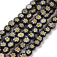 Handmade Millefiori Glass Flat Round Bead Strands, Single Flower Design, Black, 8x4mm, Hole: 1mm, about 53pcs/strand, 14.7 inch(LK-P011-20)