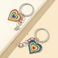 Alloy Enamel Rainbow Color Heart Pendant Keychains, Magnetic Heart Clasp Couple Keychain, Platinum, Ring: 3cm, 2pcs/set(RABO-PW0001-077)