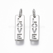Brass Pendants, with Jump Ring, Nickel Free, Rectangle with Word LOVE, Real Platinum Plated, 16x5x1.5mm, Hole: 3mm(KK-R133-049P-NF)