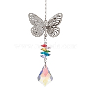 Brass Butterfly Hanging Ornaments, Leaf Glass Tassel Suncatchers for Home Outdoor Decoration, Platinum, 248mm(HJEW-JM01759)