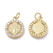 Brass Micro Pave Clear Cubic Zirconia Charms, with Jump Rings, Long-Lasting Plated, Flat Round with Jesus, Real 18K Gold Plated, 16x13x2mm, Jump Ring: 5x1mm, Hole: 3.5mm(ZIRC-Q024-04G)