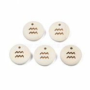 Laser Out Wood Pendants, Flat Round with 12 Constellations, Undyed, Aquarius, 15x4mm, Hole: 1.6mm(WOOD-S053-51B)