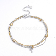 304 Stainless Steel 3-strand Chain Bracelets, Cross Charm Bracelets, with Lobster Claw Clasps, Golden & Stainless Steel Color, 8 inch(20.3cm)(BJEW-L673-018-GP)