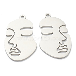 304 Stainless Steel Pendants, Abstract Face, Stainless Steel Color, 35x20x1mm, Hole: 2mm(STAS-P276-01C-P)