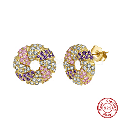 925 Sterling Silver Micro Pave Cubic Zirconia Stud Earrings, Donut, Colorful, Real 14K Gold Plated, 12.8mm(EJEW-K284-03G)