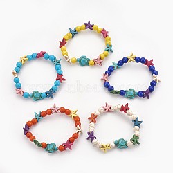 Synthetic Turquoise(Dyed) Beads Kids Stretch Bracelets, Sea Turtle & Starfish/Sea Stars & Round, Mixed Color, 2-1/8 inch(5.5cm)(BJEW-JB03889)