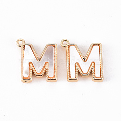 Brass Charms, with Shell, Real 18K Gold Plated, Nickel Free, Letter.M, 10x9.5x2mm, Hole: 0.9mm(KK-Q766-001M-NF)