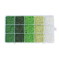 DIY 15 Grids ABS Plastic & Glass Seed Beads Jewelry Making Finding Beads Kits, Rondelle, Green, 2~4.5x1.5~4.5mm, Hole: 0.8~1.2mm(DIY-G119-02E)