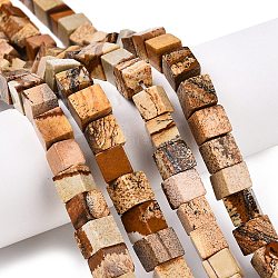 Natural Picture Jasper Beads Strands, Cube, 7~9x7~9x7~9.5mm, Hole: 1.2mm, about 47~49pcs/strand, 15.35~15.79''(39~40.1cm)(G-T139-8x8-27A)