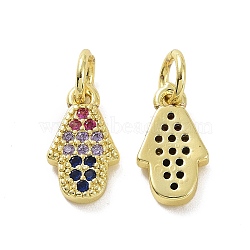 Brass Micro Pave Cubic Zirconia Charms, with Jump Ring, Real 18K Gold Plated, Hamsa Hand/Hand of Fatima/Hand of Miriam, Colorful, 11x6.5x2mm, Hole: 3.2mm(KK-E068-VF089)