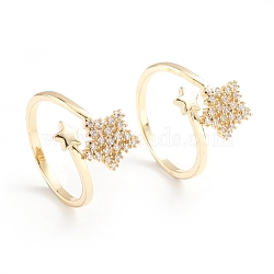 Adjustable Brass Micro Pave Clear Cubic Zirconia Cuff Rings, Open Rings, Star, Long-Lasting Plated, Real 18K Gold Plated, Size 7, Inner Diameter: 17mm(RJEW-F101-19G)
