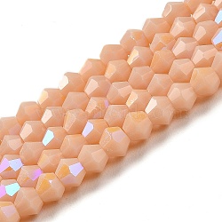 Opaque Solid Color Imitation Jade Glass Beads Strands, AB Color Plated, Faceted, Bicone, Bisque, 4x4mm, Hole: 0.8mm, about 82~85pcs/strand, 12.01~12.2 inch(30.5~31cm)(EGLA-A039-P4mm-L06)