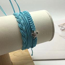 Bohemian Style 3Pcs Bracelets Set, Braided Bracelets, Beach Turtle Waxed Thread Handmade Rope Bracelets, Deep Sky Blue(ST5441)