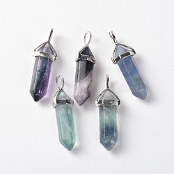 Natural Fluorite Double Terminated Pointed Pendants, with Random Alloy Pendant Hexagon Bead Cap Bails, Bullet, Platinum, 36~45x12mm, Hole: 3x5mm, Gemstone: 10mm in diameter(G-J261-B16)