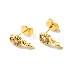 Brass Micro Pave Cubic Zirconia Studs Earrings Findings, Rectangle, for Half Drilled Beads, Real 18K Gold Plated, 13x6mm, Pin: 11x0.8mm and 0.5mm(EJEW-H128-05G)