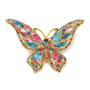 Butterfly Antique Golden Zinc Alloy Rhinestone Brooches, for Backpack Clothes, Colorful, 49x70mm