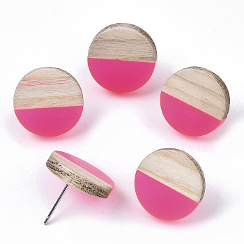 Transparent Resin & Wood Stud Earrings, with 304 Stainless Steel Pin, Flat Round, Deep Pink, 15mm, Pin: 0.7mm