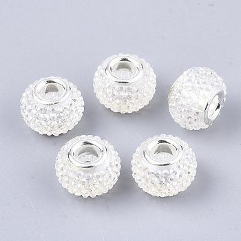 Resin Rhinestone European Beads, Large Hole Beads, with Platinum Tone Brass Double Cores, AB Color, Rondelle, Berry Beads, Clear, 14x10mm, Hole: 5mm