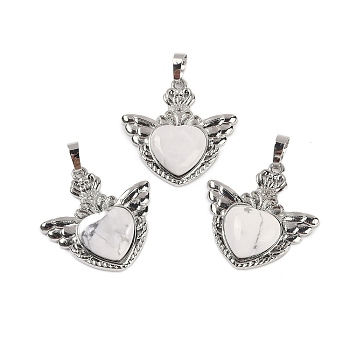 Natural Howlite Pendants, with Rack Plating Brass Findings, Platinum, Cadmium Free & Lead Free, Heart, 33x32.5x6.5mm, Hole: 5x8mm