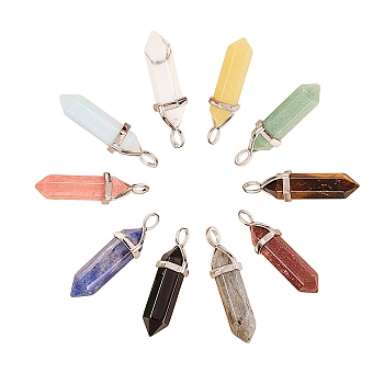 10Pcs 10 Style Natural & Synthetic Gemstone Pendants, with Platinum Tone Brass Findings, Bullet, 39.5x12x11.5mm, Hole: 4.5mm, 1pcs/style
