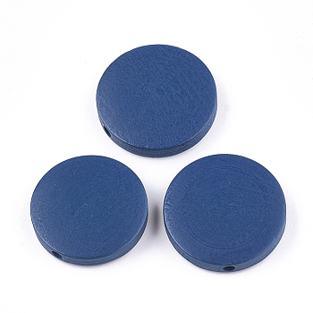 Painted Natural Wood Beads, Flat Round, Marine Blue, 19~20x4~5mm, Hole: 2mm