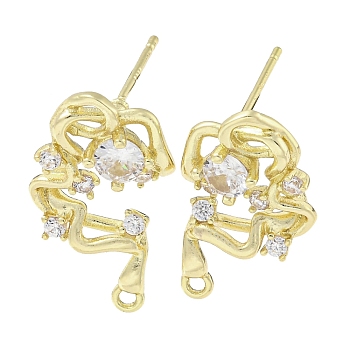 Brass Cubic Zirconia Stud Earring Findings, Vines, Real 14K Gold Plated, 22x13mm, Hole: 1.2mm, Pin: 12.5mm
