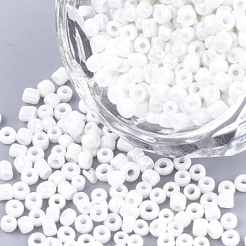 Opaque Glass Seed Beads, Rainbow Plated, Round, White, 4mm, Hole: 1.5mm, about 4500pcs/bag