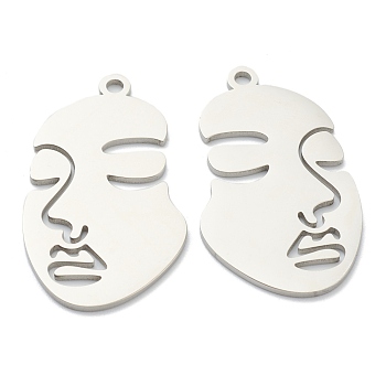 304 Stainless Steel Pendants, Abstract Face, Stainless Steel Color, 35x20x1mm, Hole: 2mm
