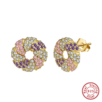 925 Sterling Silver Micro Pave Cubic Zirconia Stud Earrings, Donut, Colorful, Real 14K Gold Plated, 12.8mm