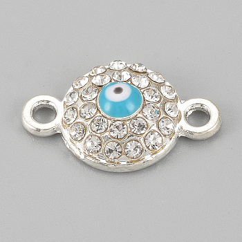Alloy Rhinestone Links connectors, Cadmium Free & Lead Free, Flat Round with Evil Eye, Sky Blue, Silver Color Plated, 17x10.5x4mm, Hole: 1.5mm