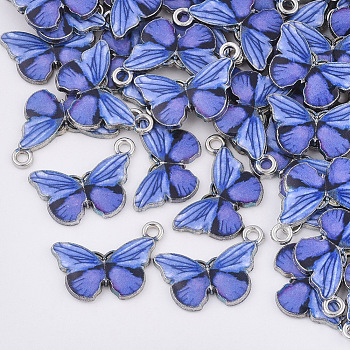 Printed Alloy Pendants, with Enamel, Butterfly, Platinum, Orchid, 13.5x20x2mm, Hole: 1.6mm