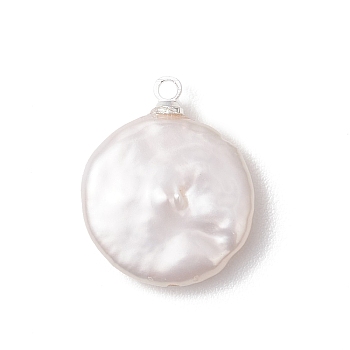 Natural Keshi Pearl Pendants, Flat Round Charms, with Brass Bails, White, Silver, 18.5x15.5x5mm, Hole: 1.6mm