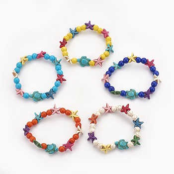 Synthetic Turquoise(Dyed) Beads Kids Stretch Bracelets, Sea Turtle & Starfish/Sea Stars & Round, Mixed Color, 2-1/8 inch(5.5cm)
