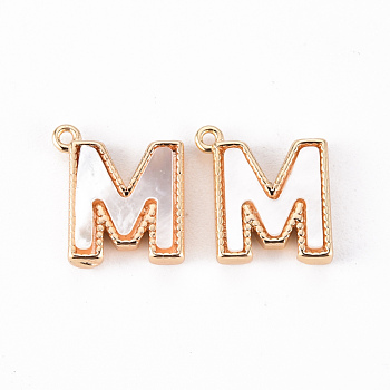 Brass Charms, with Shell, Real 18K Gold Plated, Nickel Free, Letter.M, 10x9.5x2mm, Hole: 0.9mm