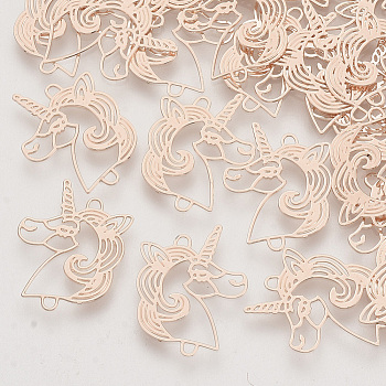 Brass Links connectors, Etched Metal Embellishments, Long-Lasting Plated, Unicorn, Rose Gold, 17.5x13.5x0.3mm, Hole: 1mm