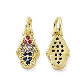 Brass Micro Pave Cubic Zirconia Charms, with Jump Ring, Real 18K Gold Plated, Hamsa Hand/Hand of Fatima/Hand of Miriam, Colorful, 11x6.5x2mm, Hole: 3.2mm