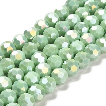 Opaque Glass Beads Stands, AB Color, Faceted(32 Facets), Round, Light Green, 10x8.5~9mm, Hole: 1.6mm, about 67pcs/strand, 23.62 inch(60cm)
