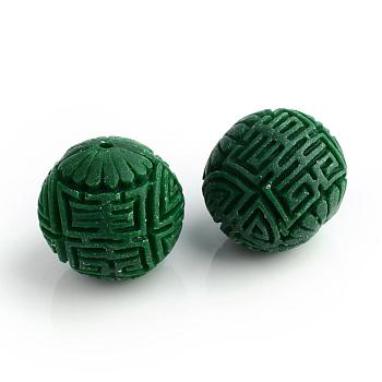 Handmade Cinnabar Beads, Carved Lacquerware, Round, Dark Green, 24x22mm, Hole: 2mm